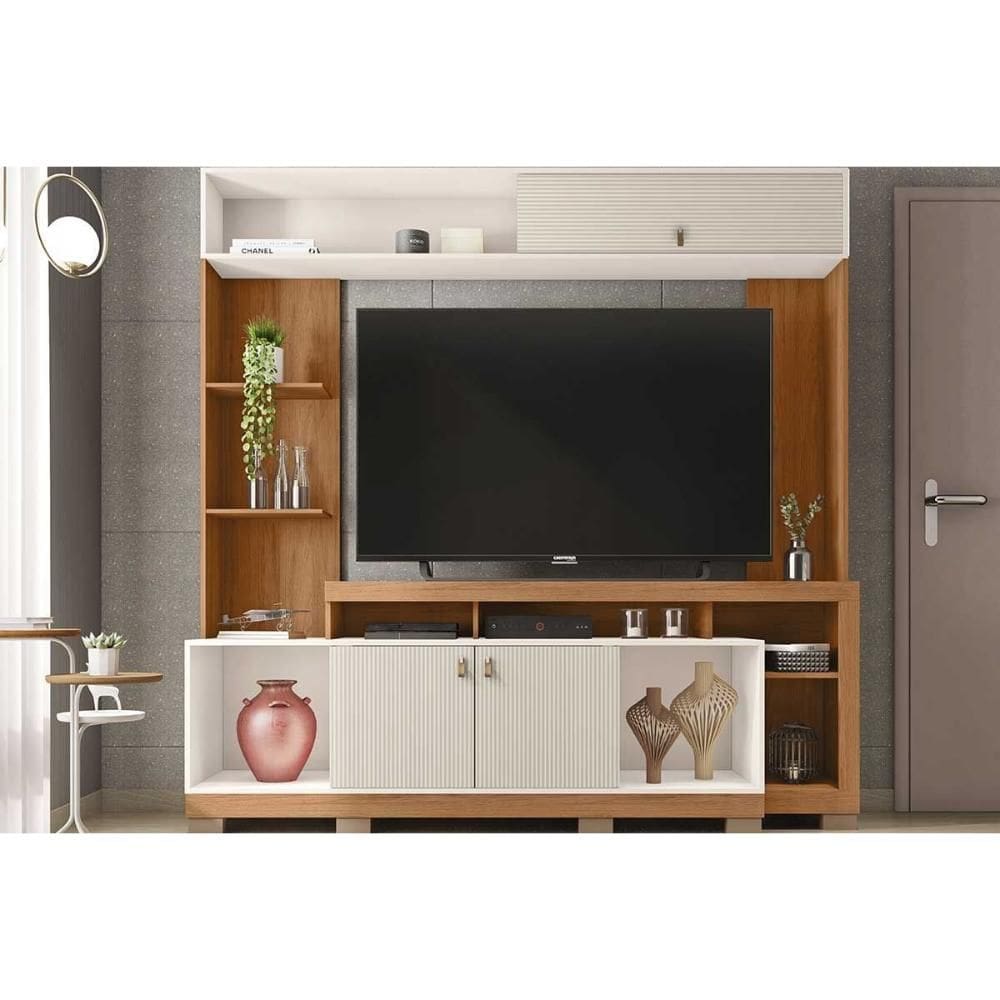 Home p/ TV até 65 Pol Sinfonia c/ 3 Portas e 7 Nichos 200x203cm Freijo/Off White Mr - Caemmun
