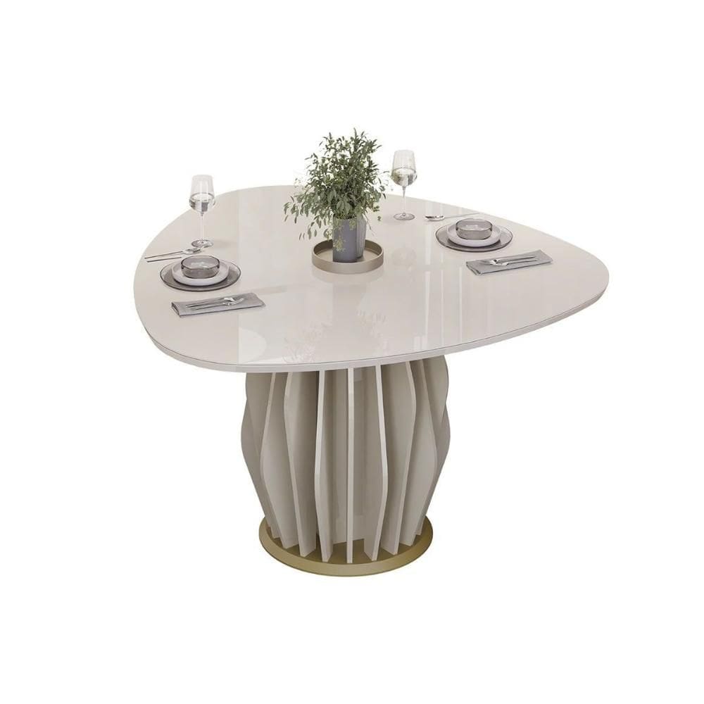 Mesa de Sala Jantar Tokyo c/ Tampo Madeirado c/ Vidro Orgânico 136x136cm Off White/Off White - DJ Móveis