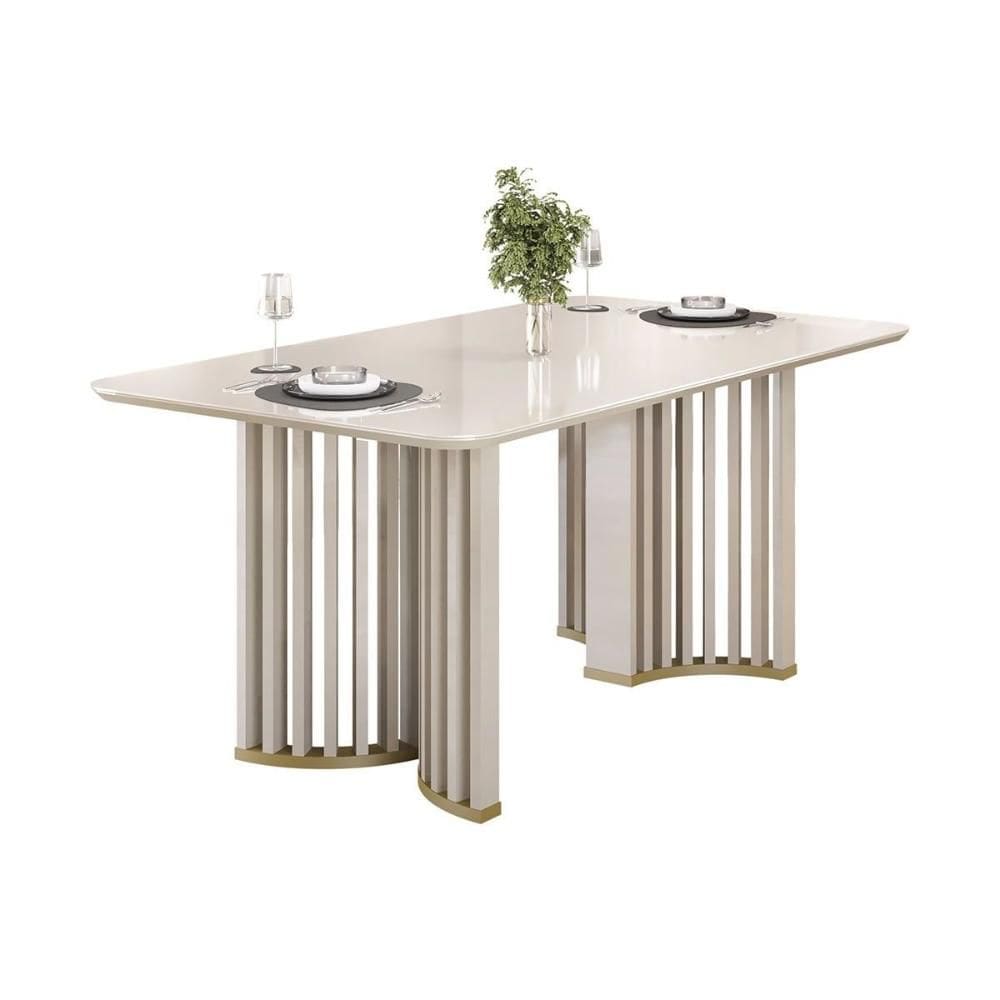 Mesa de Sala Jantar Luma c/ Tampo Madeirado c/ Vidro Curvo 180x100cm Off White/Off White - DJ Móveis