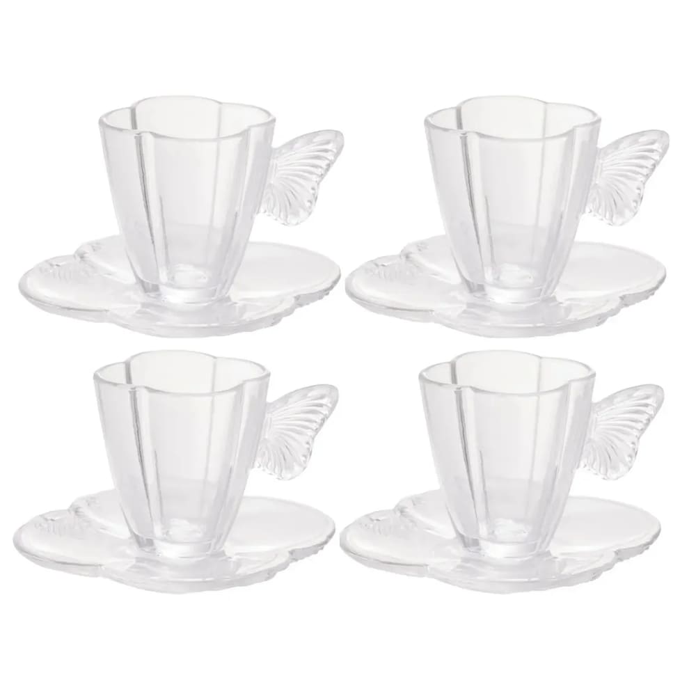 Kit 4 Xícaras De Chá C/ Pires Butterfly 180ml Vidro Wolff