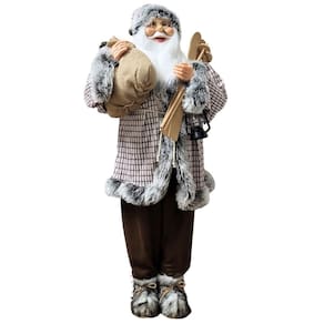 Papai Noel Decorativo Gigante Forest 1,10m Casaco Marrom e Cinza com Ski e Lanterna - Bela Flor