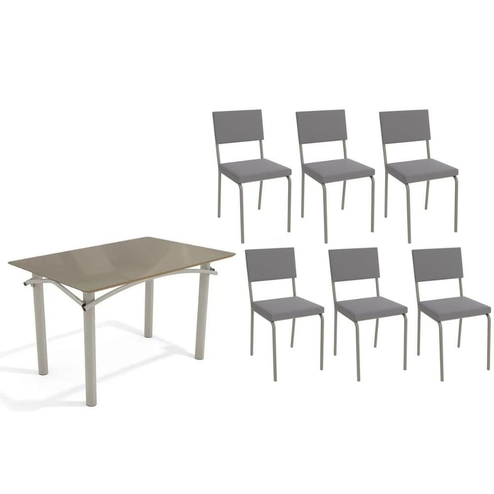Conjunto: Mesa de Cozinha Elba Tampo Madeirado c/ Vidro 120cm e 6 Cadeiras Zaria Niquel/Freijo Bronze - Suede Cinza - Kappesberg