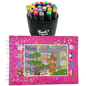 Livro Colorir Pintar 100 Paginas 24 Canetinhas Estojo Ponta Dupla Permanente Portatil