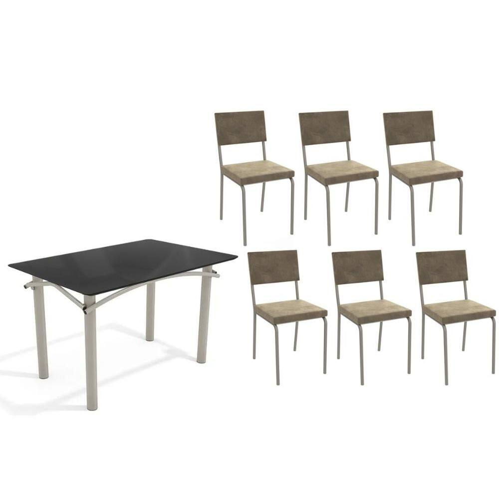 Conjunto: Mesa de Cozinha Elba Tampo Madeirado c/ Vidro 120cm e 6 Cadeiras Zaria Niquel/Preto - Suede Bege - Kappesberg