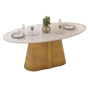 Mesa Multiuso Cozinha Ryze c/ Tampo Madeirado c/ Vidro Oval 218x108cm Cedro/Off White - DJ Móveis
