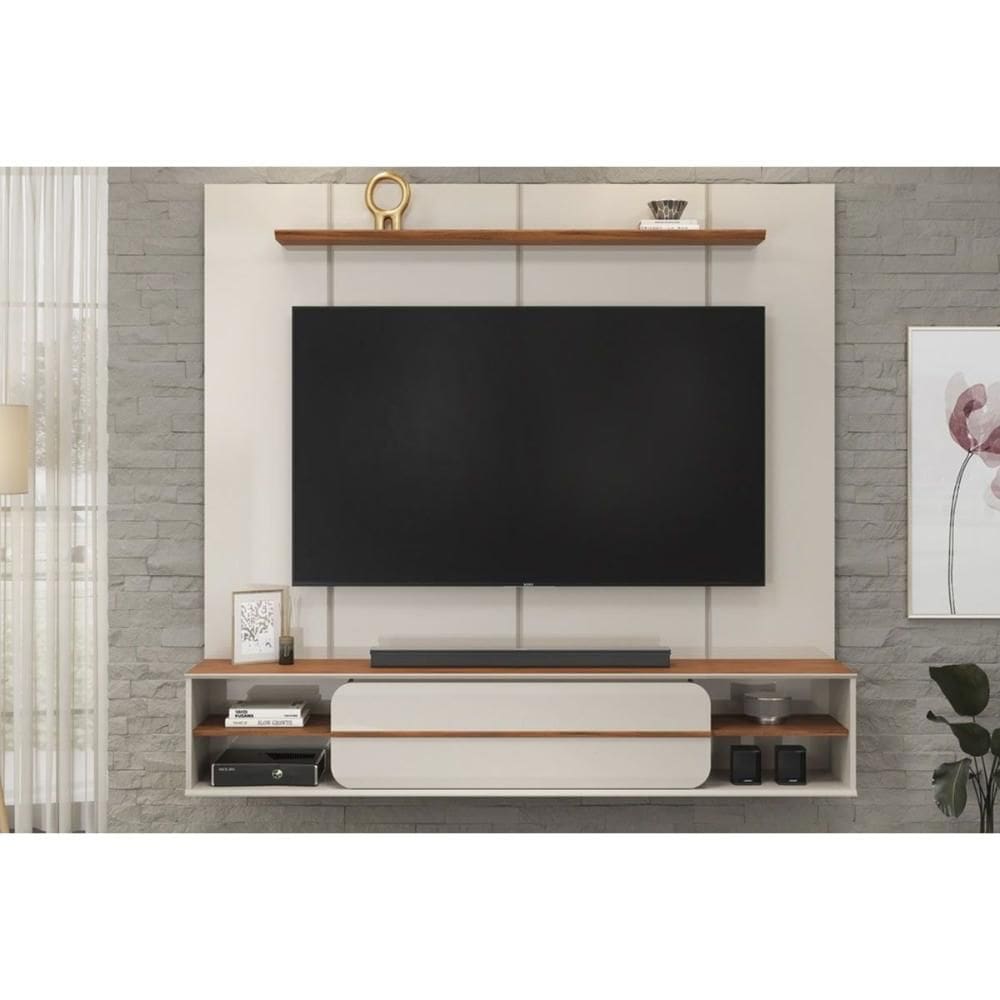 Painel Quarto p/ TV até 70 Pol Alana 169x180cm Off White/Freijó - DJ Móveis