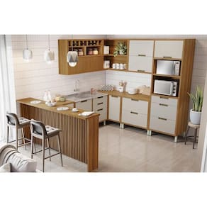 Kit de Cozinha Completa 9 Peças Imperatriz (3Aéreos+4Balcões+1TorreQuente+1Ilha) C9P62 Freijo/Off White - Nesher