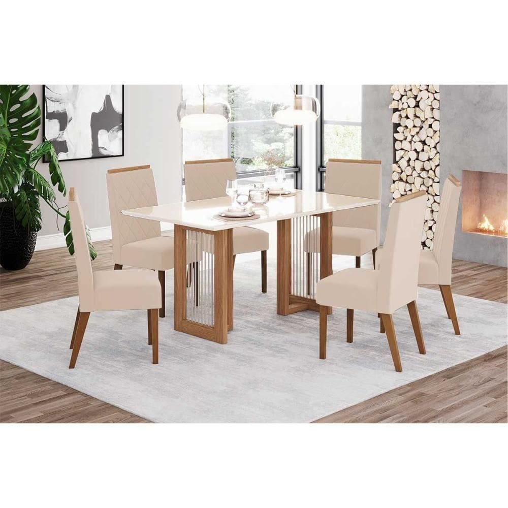 Conjunto: Mesa de Cozinha Yara c/ Tampo Madeirado c/ Vidro Curvo 160x90cm e 6 Cadeiras Nina Nature/Suede Light Linho - Henn