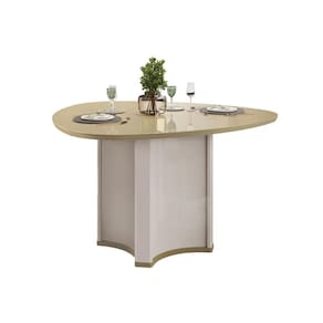 Mesa p/ Cozinha Chanel c/ Tampo Madeirado c/ Vidro Orgânico 136x136cm Off White/Dourado - DJ Móveis