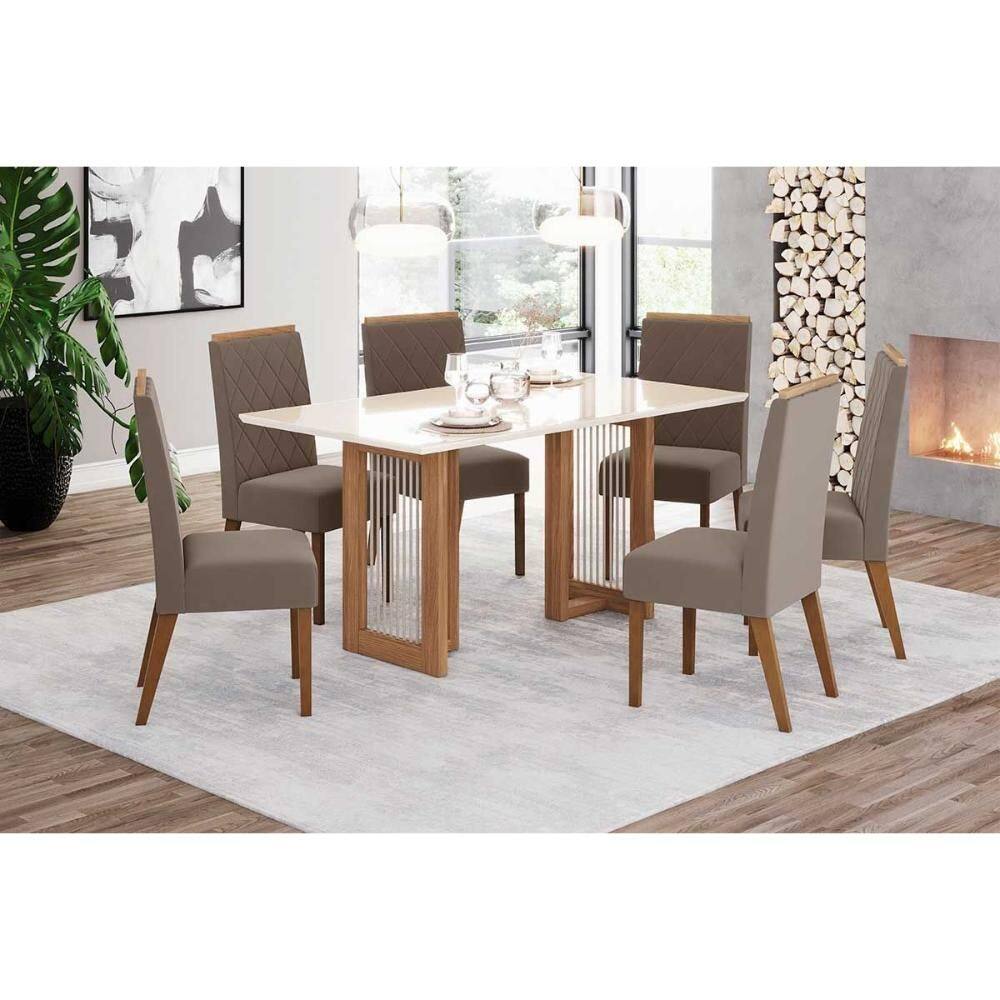 Conjunto: Mesa de Cozinha Yara c/ Tampo Madeirado c/ Vidro Curvo 160x90cm e 6 Cadeiras Nina Nature/Suede Light Marrom Amêndoa - Henn