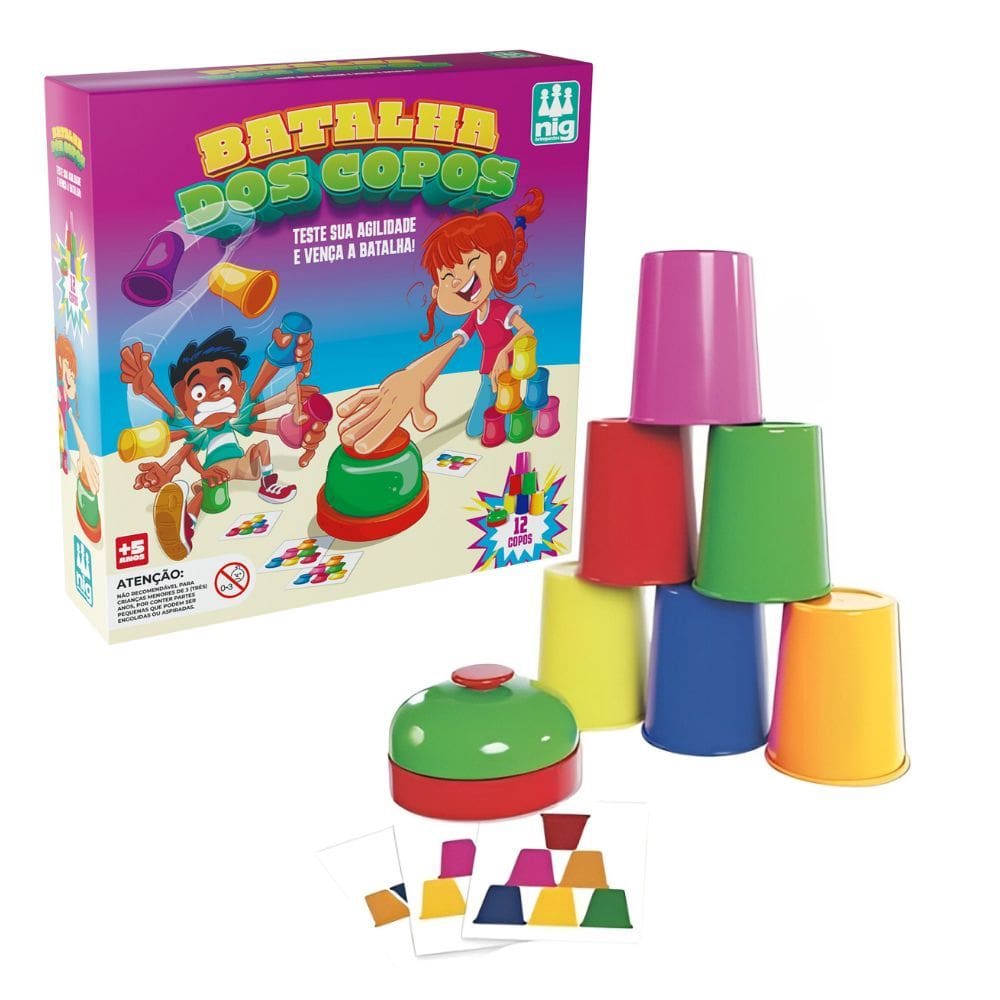 Jogo Infantil Batalha Dos Copos Com Campainha e 12 Copos Coloridos - Nig Brinquedos