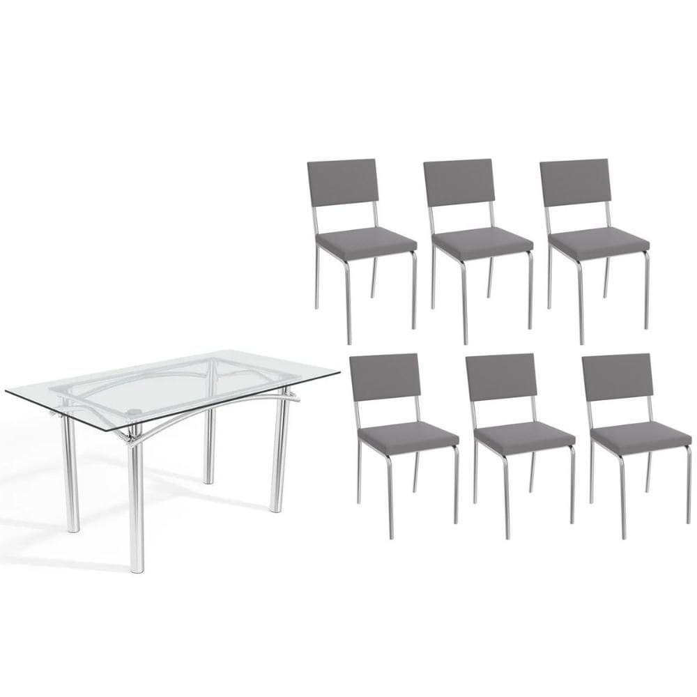 Conjunto: Mesa de Cozinha Elba c/ Tampo de Vidro 150cm e 6 Cadeiras Zaria Cromada - Suede Cinza - Kappesberg