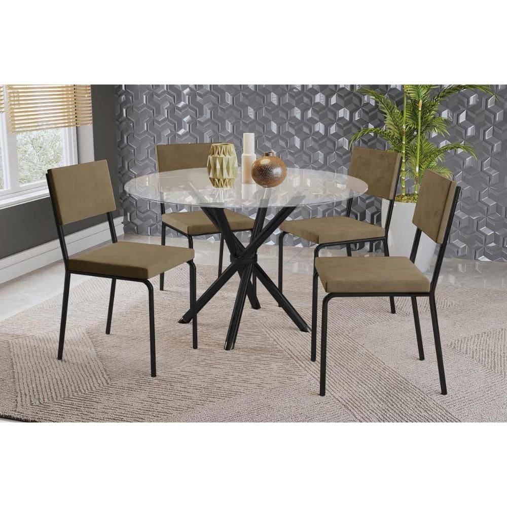 Conjunto: Mesa Sala Jantar Volga c/ Tampo de Vidro 95cm e 4 Cadeiras Zaria Preto - Suede Bege - Kappesberg
