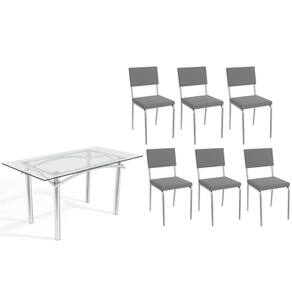 Conjunto: Mesa Sala Jantar Elba c/ Tampo de Vidro 150cm e 6 Cadeiras Zaria Cromada - Suede Cinza - Kappesberg