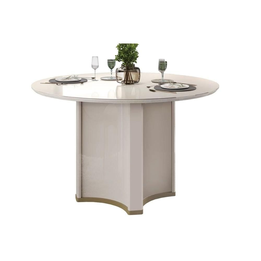 Mesa p/ Cozinha Chanel c/ Tampo Madeirado c/ Vidro Redondo 136x136cm Off White/Off White - DJ Móveis