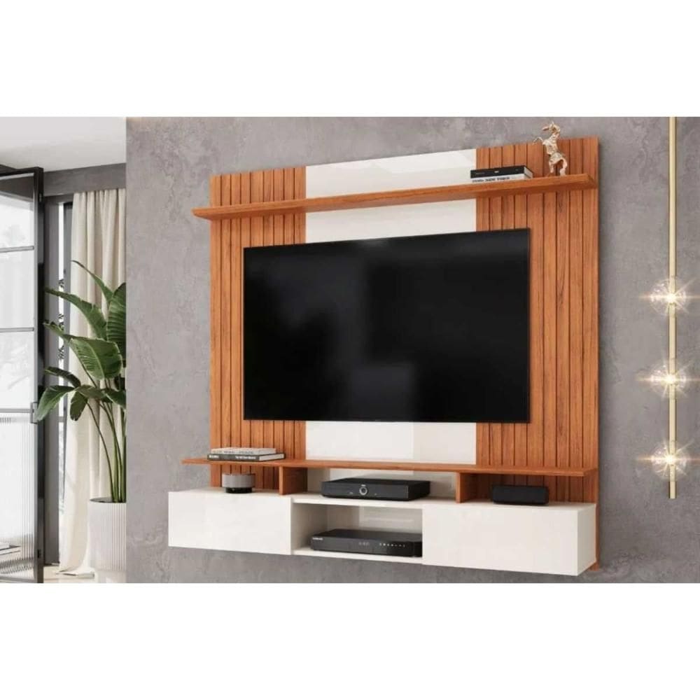Home p/ TV até 65 Pol Ben c/ 2 Portas 160x153cm Off White/Freijó - DJ Móveis