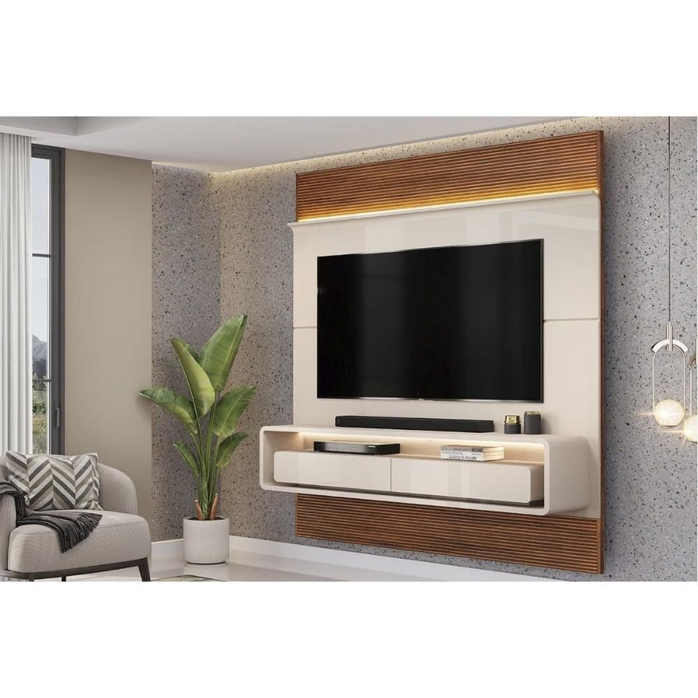 Painel Quarto p/ TV até 70 Pol Taylor 179x207cm Off White/Freijó - DJ Móveis