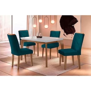 Conjunto: Mesa Sala Jantar Londrina Tampo Madeirado c/ Vidro Curvo 120x80 e 4 Cadeiras Melissa Capuccino/Suede Grafite - Rufato