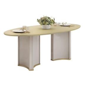 Mesa Multiuso Cozinha Liz c/ Tampo Madeirado c/ Vidro Oval 218x108cm Off White/Dourado - DJ Móveis