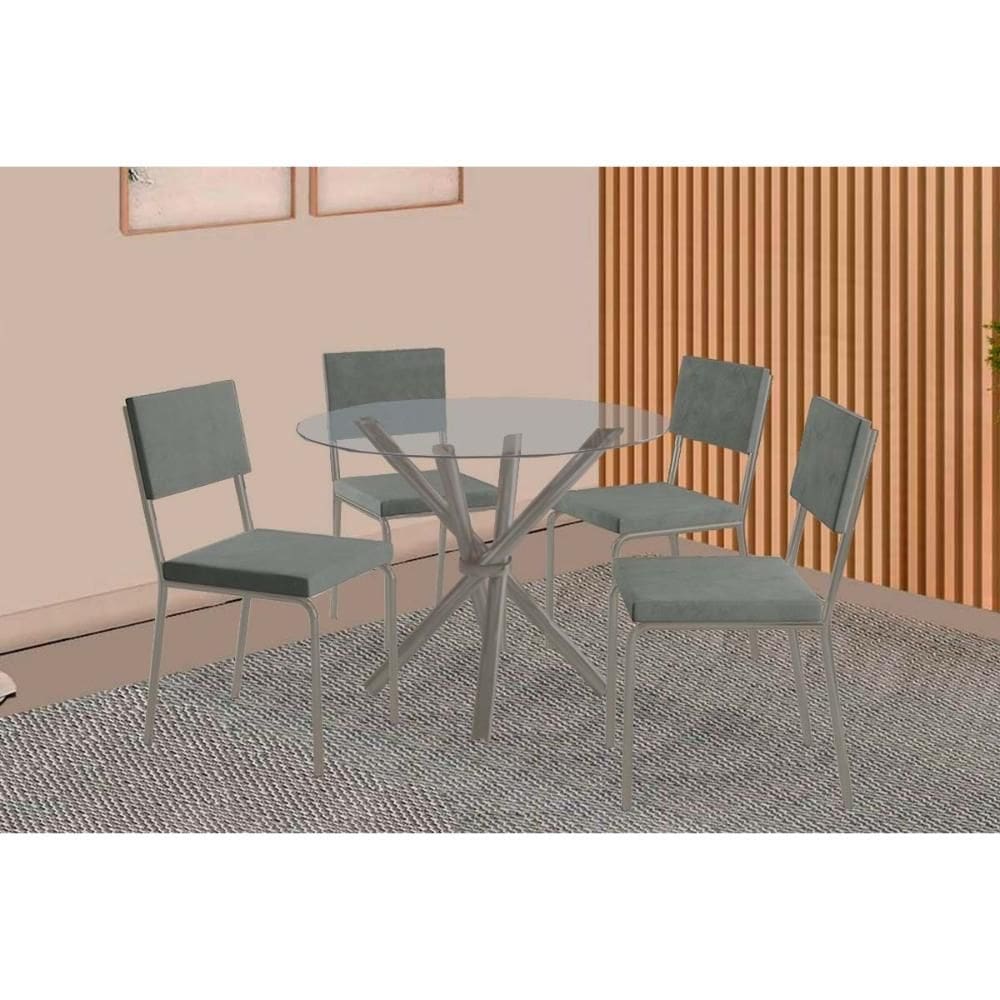 Conjunto: Mesa Sala Jantar Volga c/ Tampo de Vidro 95cm e 4 Cadeiras Zaria Niquel - Suede Cinza - Kappesberg