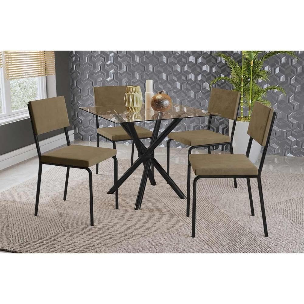 Conjunto: Mesa de Cozinha Volga c/ Tampo de Vidro 90cm e 4 Cadeiras Zaria Preto - Suede Bege - Kappesberg