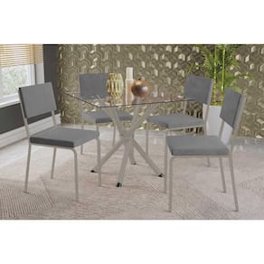 Conjunto: Mesa de Cozinha Volga c/ Tampo de Vidro 90cm e 4 Cadeiras Zaria Niquel - Suede Cinza - Kappesberg
