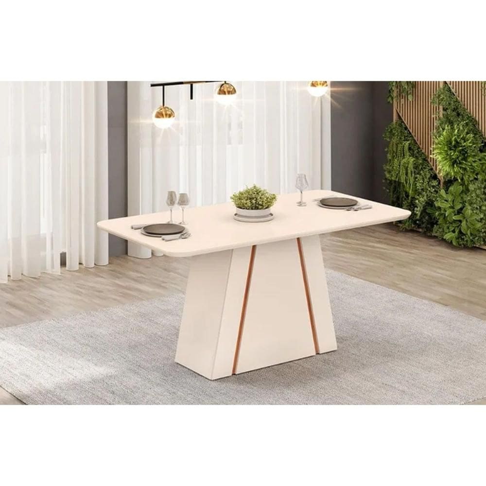 Mesa p/ Cozinha Gabi c/ Tampo Madeirado c/ Vidro Curvo 170x90cm Off White/Freijó - DJ Móveis