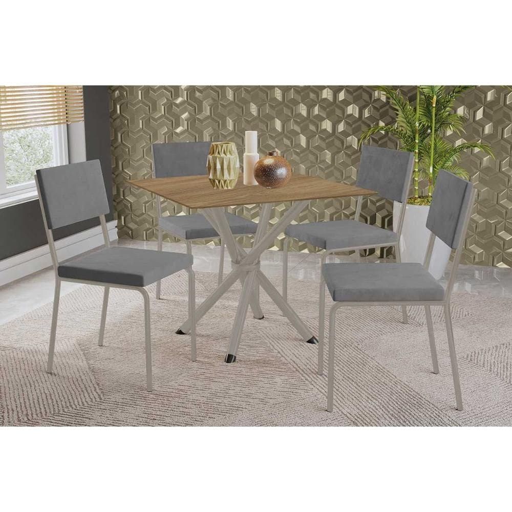 Conjunto: Mesa de Cozinha Volga c/ Tampo de Madeira 90cm e 4 Cadeiras Zaria Niquel/Nogueira - Suede Cinza - Kappesberg