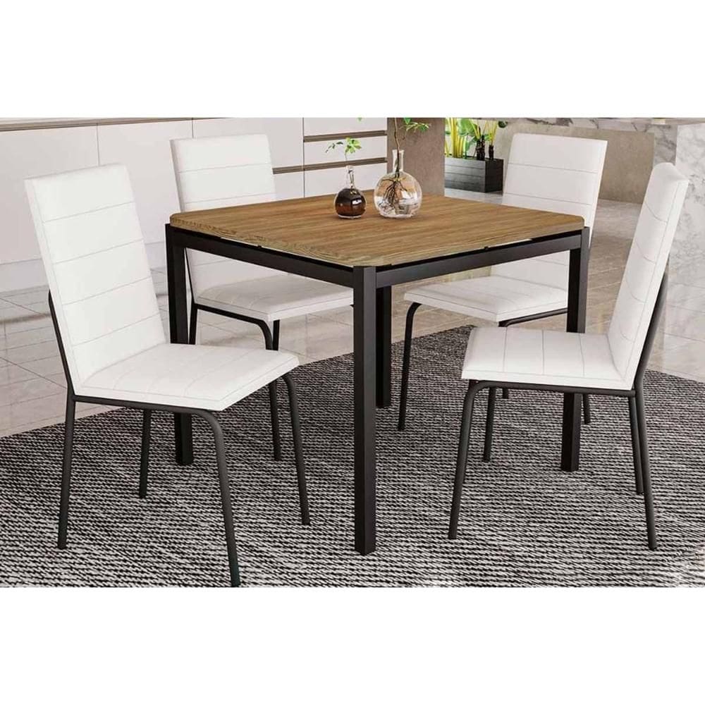 Conjunto: Mesa Sala Jantar Reno c/ Tampo de Madeira 90cm e 4 Cadeiras Amsterdã Preto - ano Branco - Kappesberg