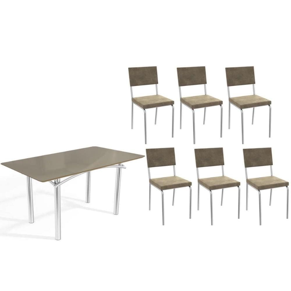 Conjunto: Mesa de Cozinha Elba Tampo Madeirado c/ Vidro 160cm e 6 Cadeiras Zaria Cromada/Freijo Bronze - Suede Bege - Kappesberg