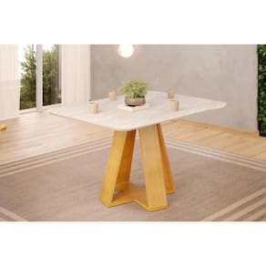 Mesa Multiuso Cozinha Kiara c/ Tampo Madeirado c/ Vidro Curvo 120x90cm Cedro/Quartzo - DJ Móveis