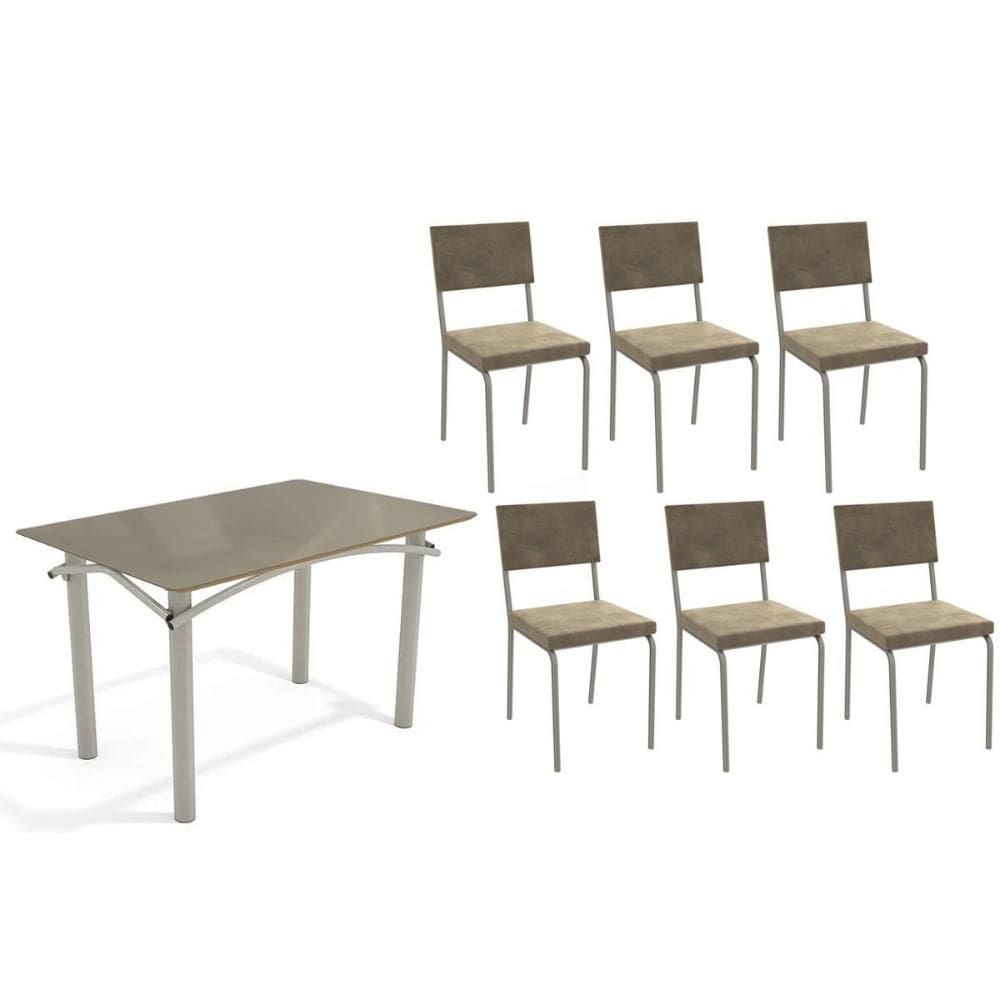 Conjunto: Mesa de Cozinha Elba Tampo Madeirado c/ Vidro 120cm e 6 Cadeiras Zaria Niquel/Freijo Bronze - Suede Bege - Kappesberg