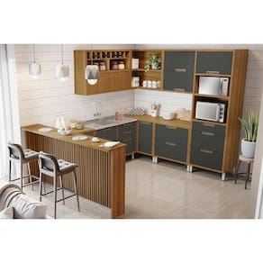 Kit de Cozinha Completa 9 Peças Imperatriz (3Aéreos+4Balcões+1TorreQuente+1Ilha) C9P62 Freijo/Grafite - Nesher