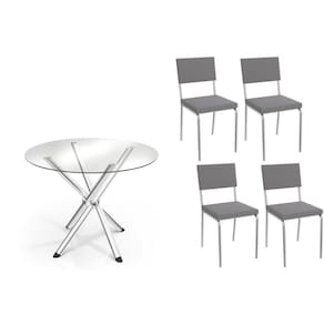 Conjunto: Mesa Sala Jantar Volga c/ Tampo de Vidro 95cm e 4 Cadeiras Zaria Cromada - Suede Cinza - Kappesberg