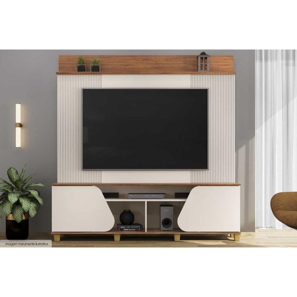 Rack Bancada c/ Painel p/ TV até 70 Pol Henry 2 Porta 182x184cm Off White/Freijó - DJ Móveis