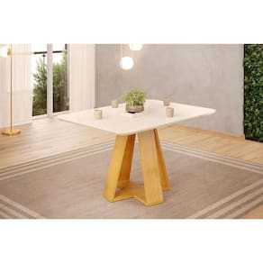 Mesa Multiuso Cozinha Kiara c/ Tampo Madeirado c/ Vidro Curvo 120x90cm Cedro/Off White - DJ Móveis