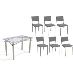 Conjunto: Mesa Sala Jantar Elba c/ Tampo de Vidro 120cm e 6 Cadeiras Zaria Niquel - Suede Cinza - Kappesberg