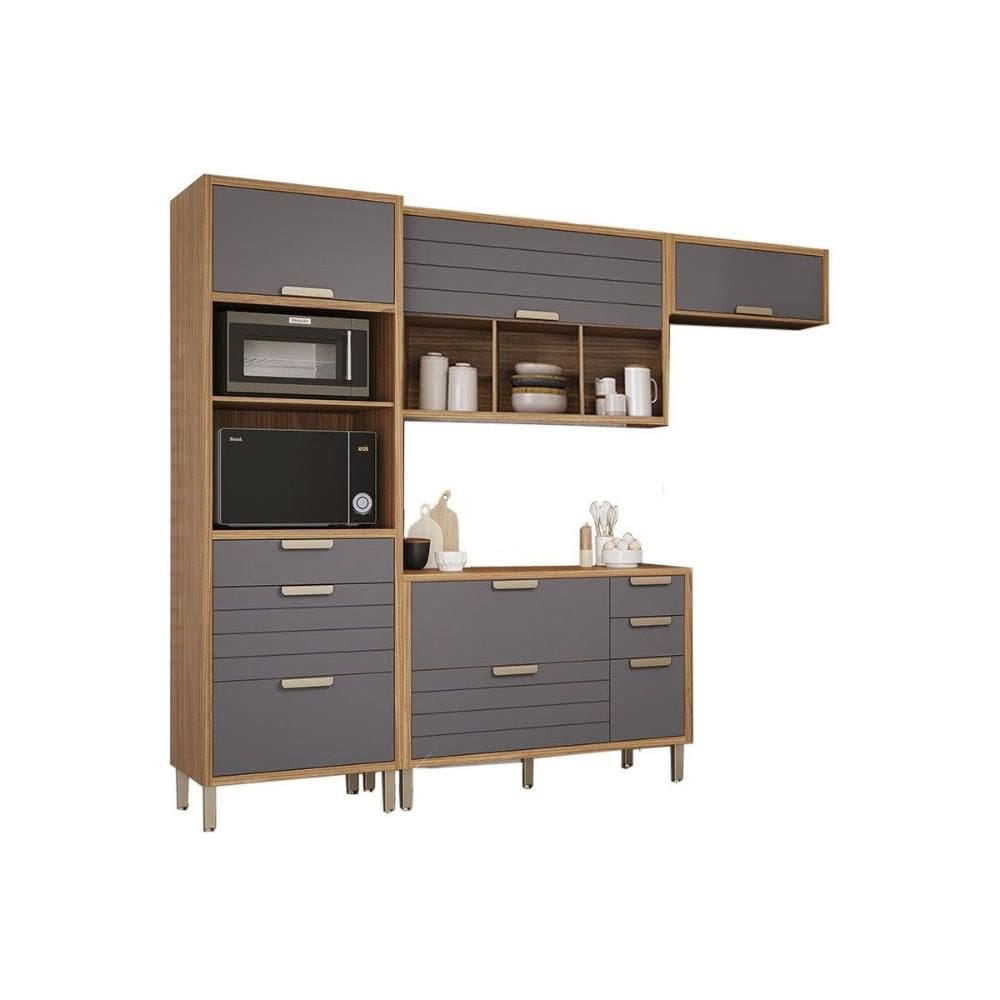 Cozinha Modulada Completa Eloise 4 Peças (2Aéreos+1Balcão+1Paneleiro) CZ028 Freijo/Titanium - MGM