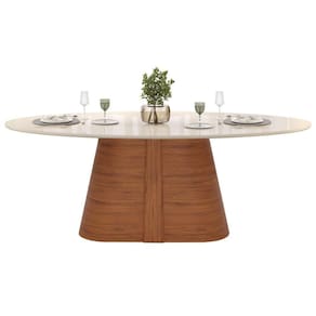 Mesa p/ Cozinha Ryze c/ Tampo Madeirado c/ Vidro Oval 218x108cm Freijo/Off White - DJ Móveis
