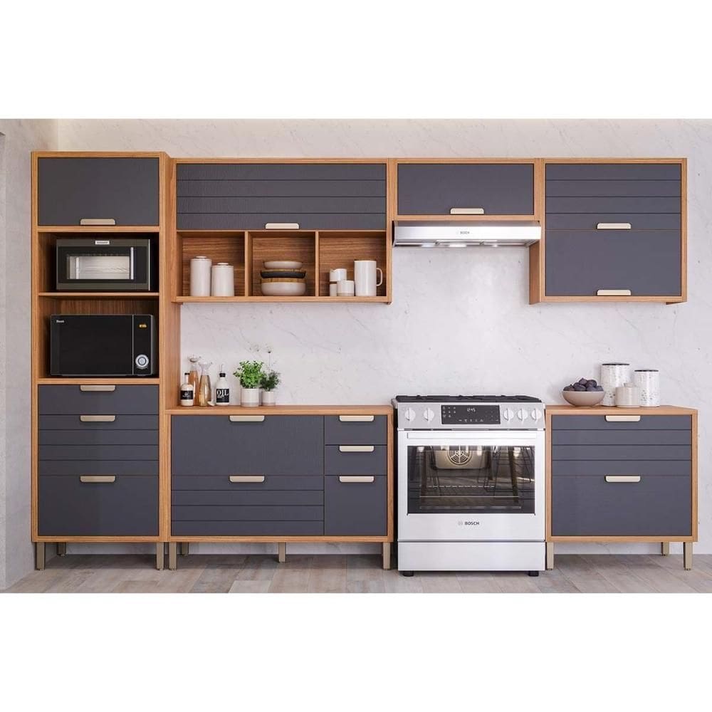 Cozinha Modulada Completa Eloise 6 Peças (3Aéreos+2Balcões+1Paneleiro) CZ023 Freijo/Titanium - MGM