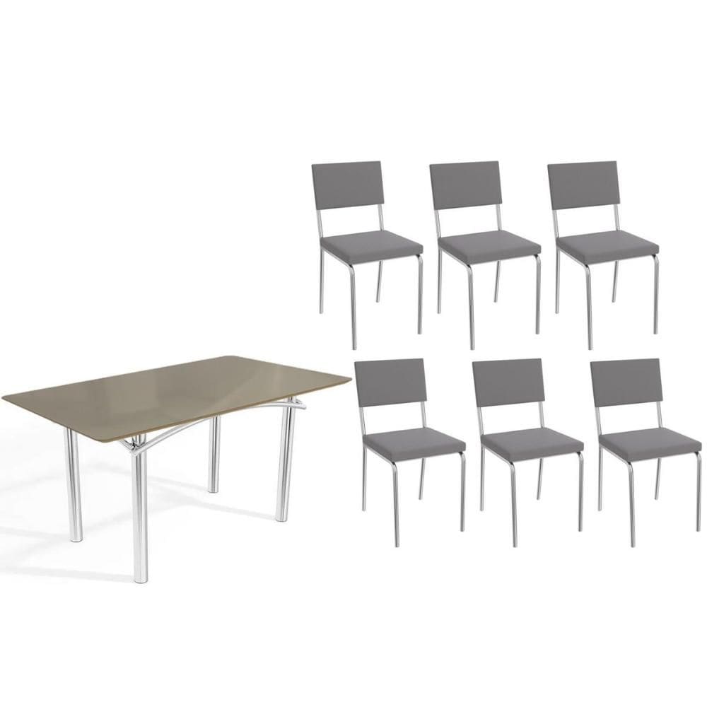 Conjunto: Mesa de Cozinha Elba Tampo Madeirado c/ Vidro 160cm e 6 Cadeiras Zaria Cromada/Freijo Bronze - Suede Cinza - Kappesberg