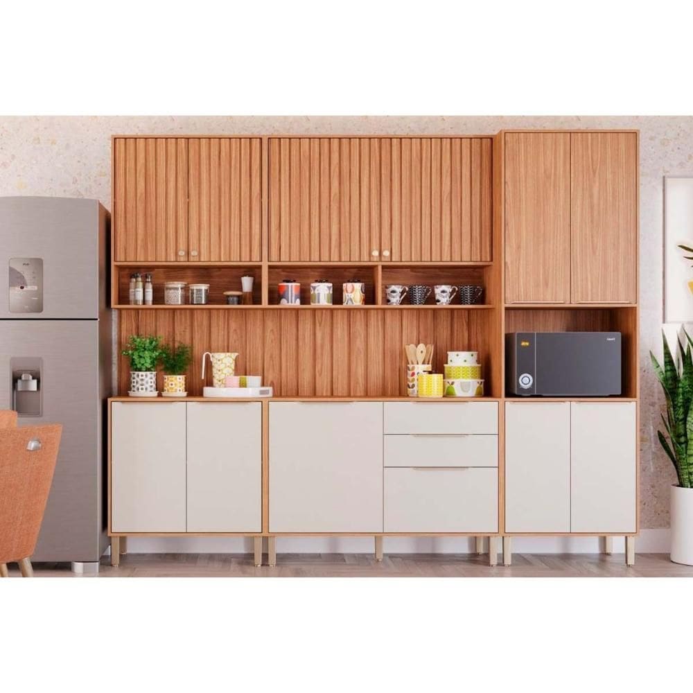 Cozinha Modulada MGM Divina Completa 7 Peças (2Aéreos+2Balcões+1Paneleiro+2Complementos) CZ011 Freijo/Off White-MGM