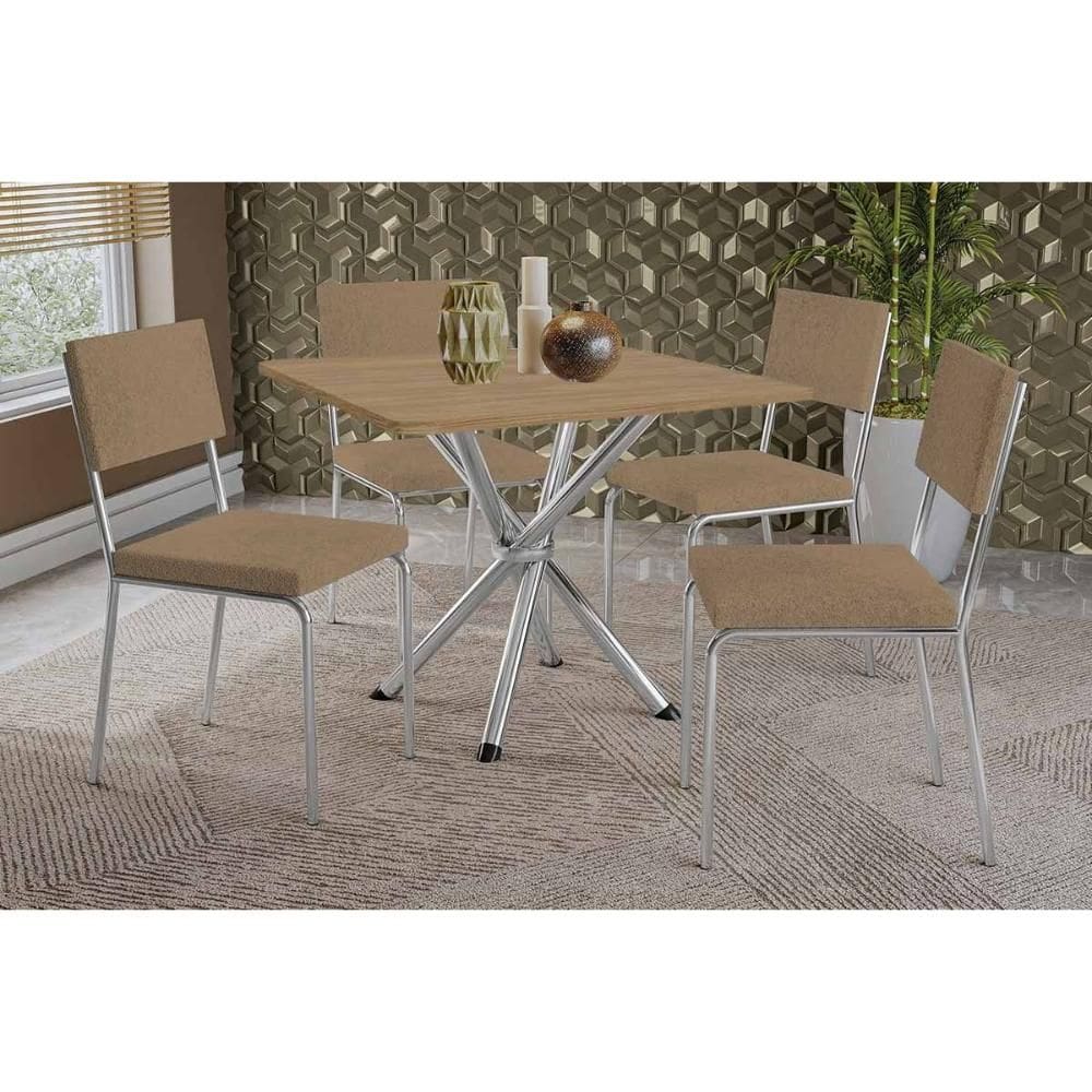 Conjunto: Mesa Sala Jantar Volga c/ Tampo de Madeira 90cm e 4 Cadeiras Zaria Cromada/Nogueira - Suede Bege - Kappesberg