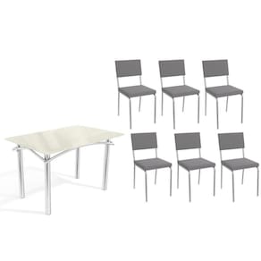 Conjunto: Mesa de Cozinha Elba Tampo Madeirado c/ Vidro 120cm e 6 Cadeiras Zaria Cromada/Off White - Suede Cinza - Kappesberg