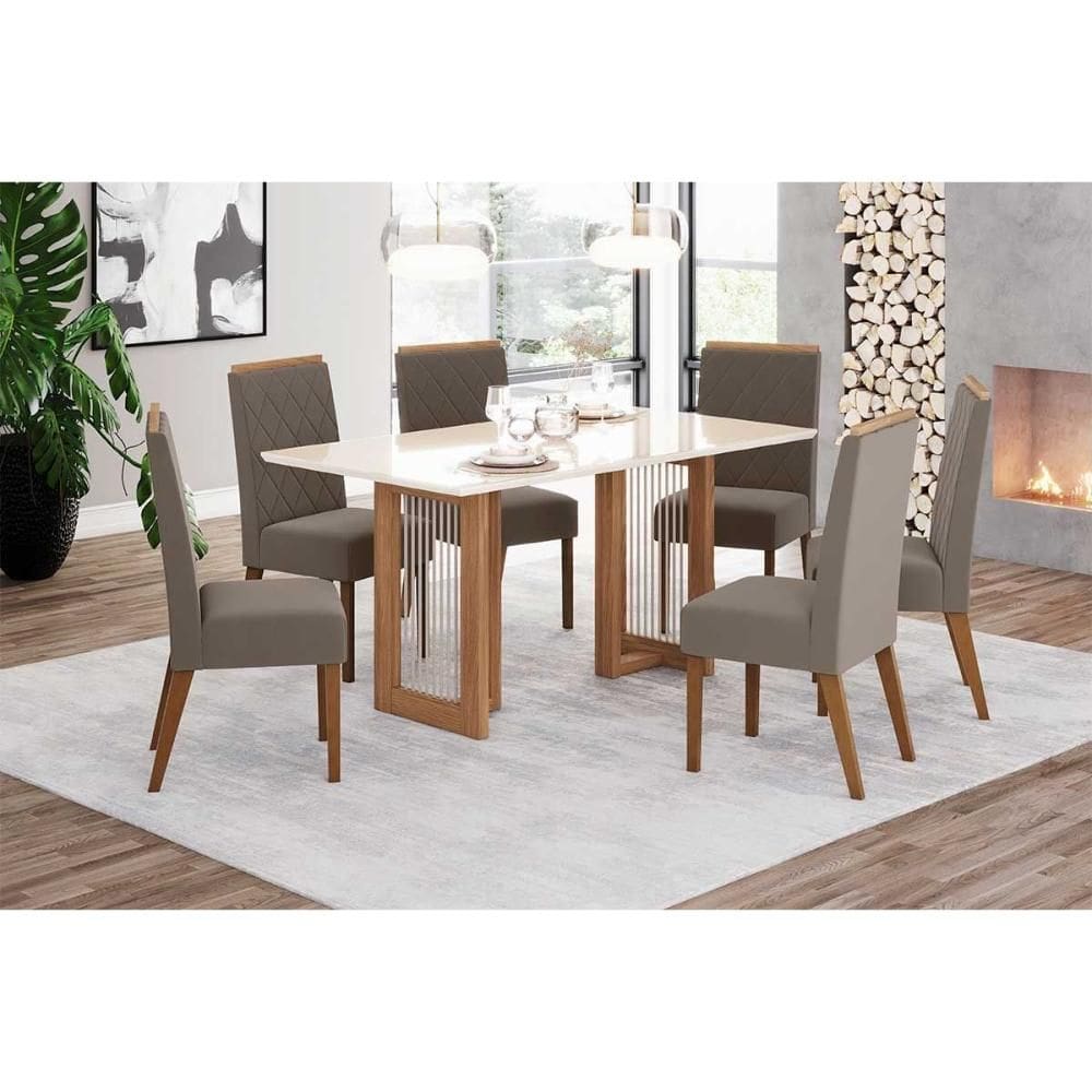 Conjunto: Mesa de Cozinha Yara c/ Tampo Madeirado c/ Vidro Reto 160x90cm e 6 Cadeiras Nina Nature/Suede Light Marrom Amêndoa - Henn