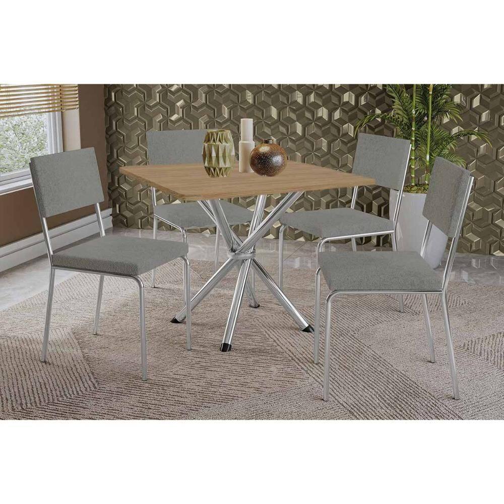 Conjunto: Mesa Sala Jantar Volga c/ Tampo de Madeira 90cm e 4 Cadeiras Zaria Cromada/Nogueira - Suede Cinza - Kappesberg