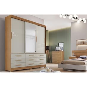 Guarda Roupa 3 Portas (1 c/ Espelho) e 9 Gavetas Buriti/Jequitibá Cumaru/Fendi 25 - Novo Horizonte
