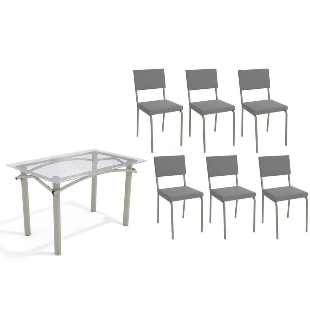 Conjunto: Mesa de Cozinha Elba c/ Tampo de Vidro 120cm e 6 Cadeiras Zaria Niquel - Suede Cinza - Kappesberg