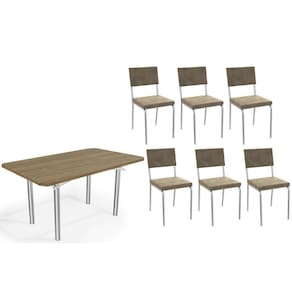 Conjunto: Mesa Sala Jantar Elba c/ Tampo de Madeira 160cm e 6 Cadeiras Zaria Cromada/Nogueira - Suede Bege - Kappesberg