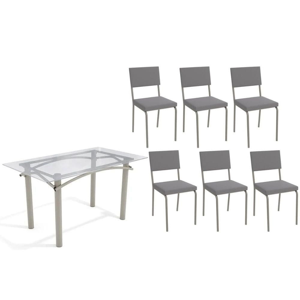 Conjunto: Mesa de Cozinha Elba c/ Tampo de Vidro 140cm e 6 Cadeiras Zaria Niquel - Suede Cinza - Kappesberg